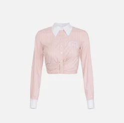 Elisabetta Franchi Shirts And Blouses|Striped cropped poplin shirt with draping PowderPink/White
