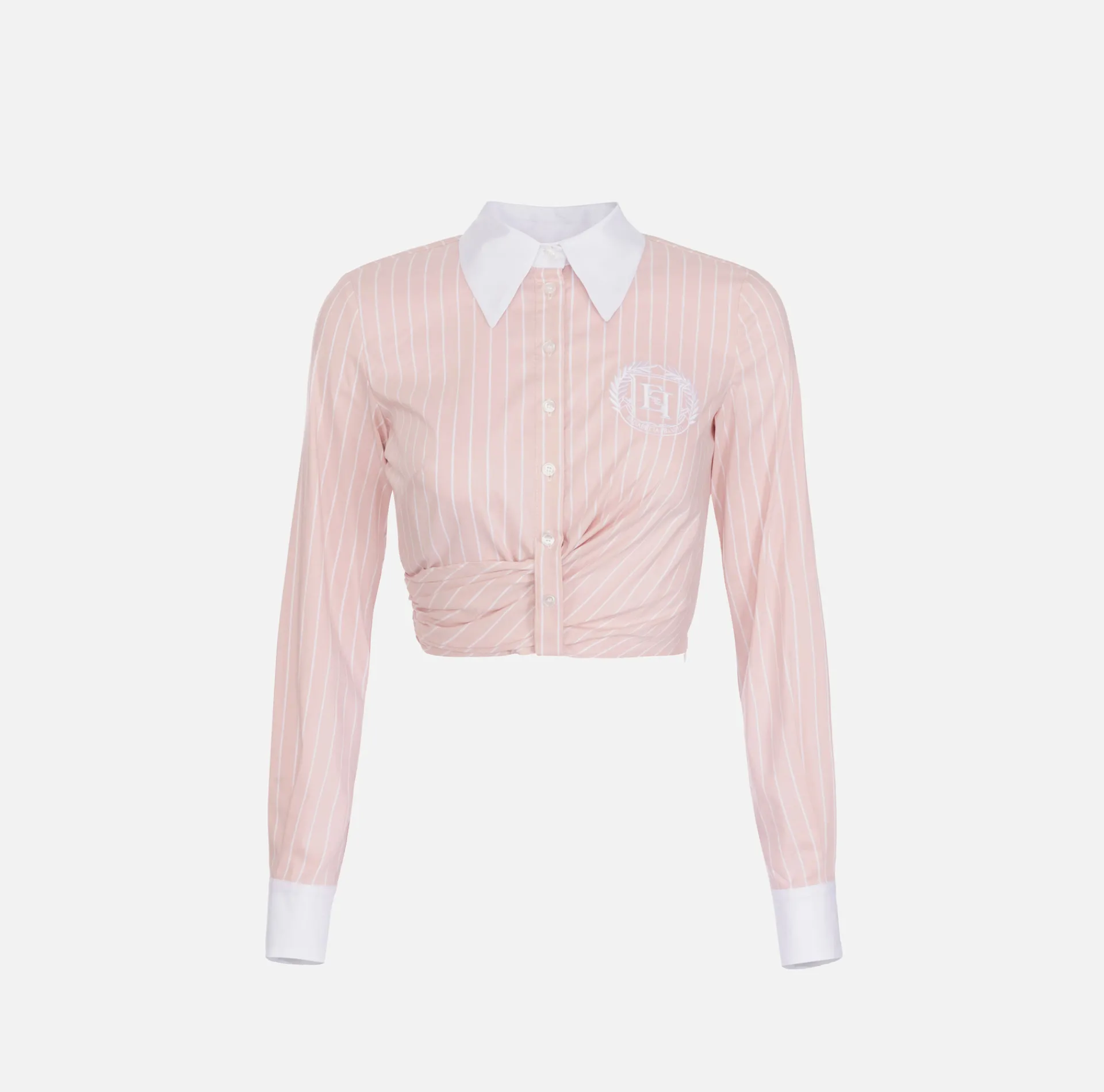 Elisabetta Franchi Shirts And Blouses|Striped cropped poplin shirt with draping PowderPink/White