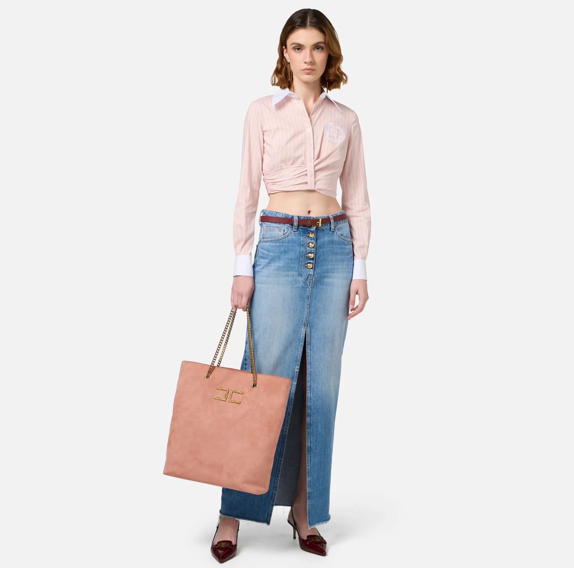 Elisabetta Franchi Shirts And Blouses|Striped cropped poplin shirt with draping PowderPink/White