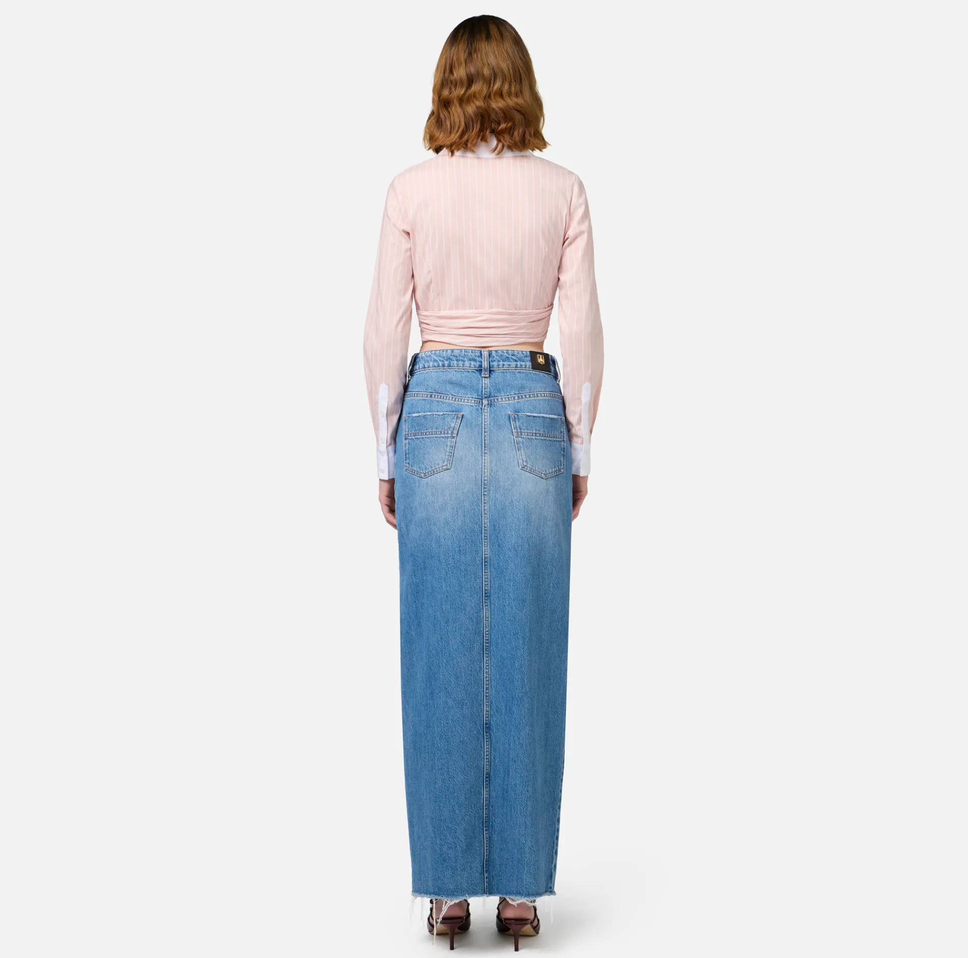 Elisabetta Franchi Shirts And Blouses|Striped cropped poplin shirt with draping PowderPink/White