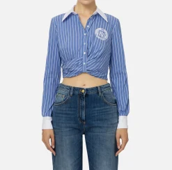 Elisabetta Franchi Shirts And Blouses|Striped cropped poplin shirt with draping Navy/White