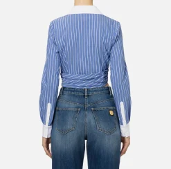Elisabetta Franchi Shirts And Blouses|Striped cropped poplin shirt with draping Navy/White
