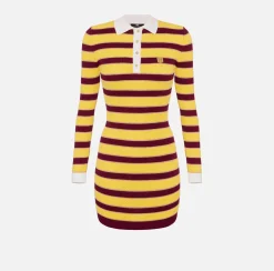 Elisabetta Franchi Mini Dresses|Knitted Dresses|Striped lurex viscose polo neck mini-dress RougeNoir/Mimosa