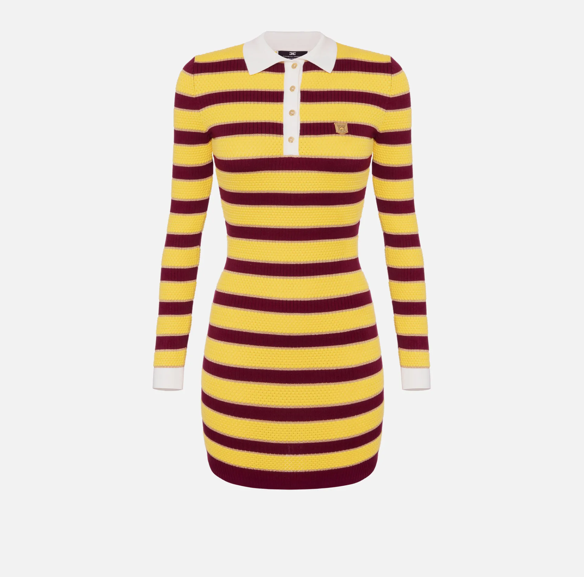Elisabetta Franchi Mini Dresses|Knitted Dresses|Striped lurex viscose polo neck mini-dress RougeNoir/Mimosa
