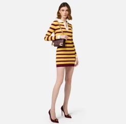Elisabetta Franchi Mini Dresses|Knitted Dresses|Striped lurex viscose polo neck mini-dress RougeNoir/Mimosa