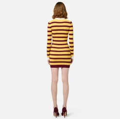 Elisabetta Franchi Mini Dresses|Knitted Dresses|Striped lurex viscose polo neck mini-dress RougeNoir/Mimosa