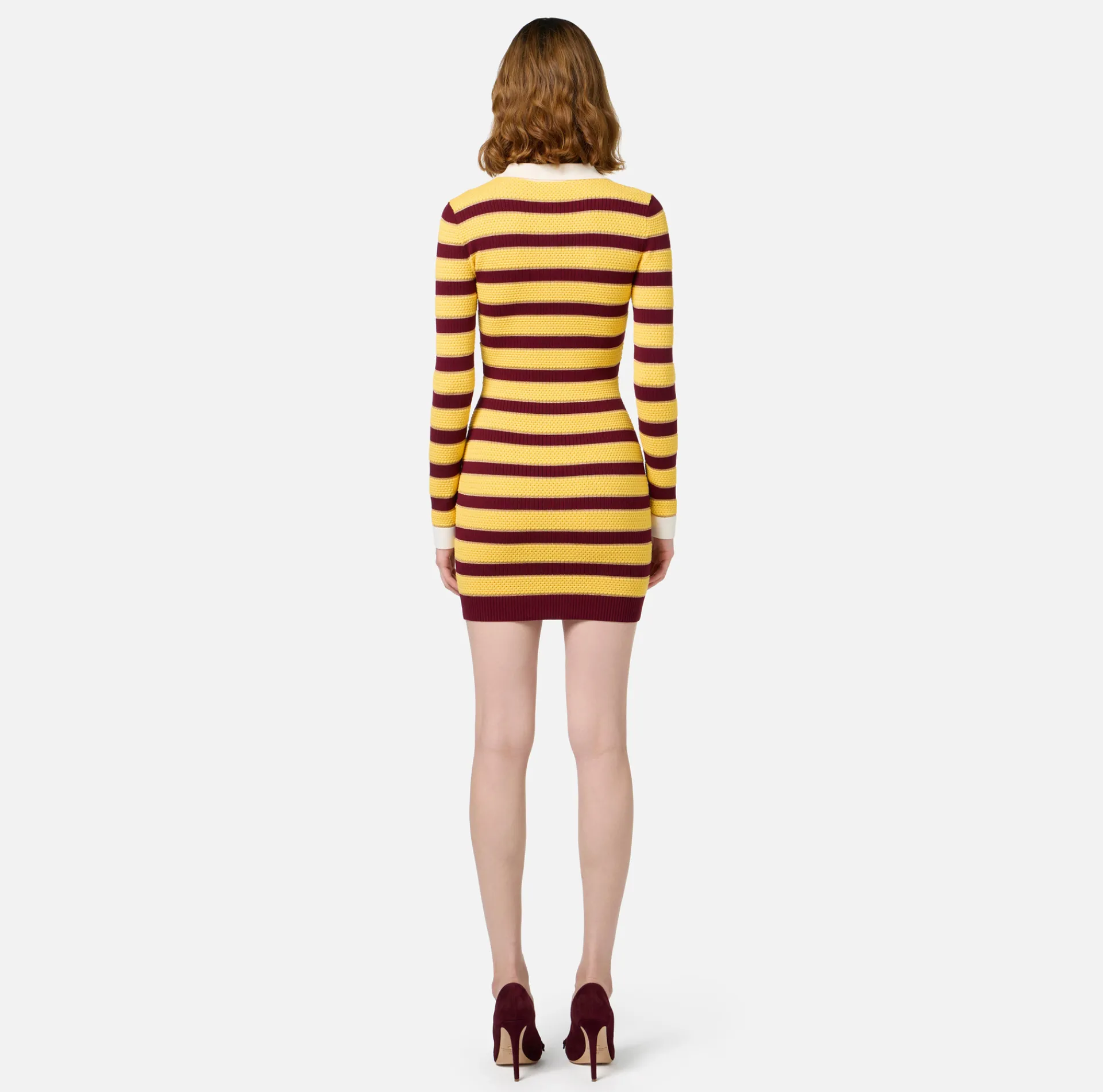 Elisabetta Franchi Mini Dresses|Knitted Dresses|Striped lurex viscose polo neck mini-dress RougeNoir/Mimosa