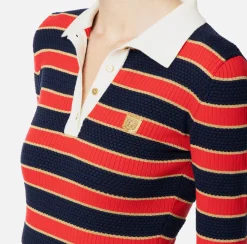 Elisabetta Franchi Mini Dresses|Knitted Dresses|Striped lurex viscose polo neck mini-dress RedPassion/BlueNavy