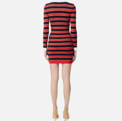 Elisabetta Franchi Mini Dresses|Knitted Dresses|Striped lurex viscose polo neck mini-dress RedPassion/BlueNavy