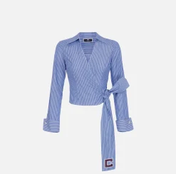 Elisabetta Franchi Shirts And Blouses|Striped poplin shirt with embroidered sash belt Navy/White