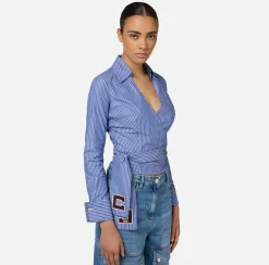 Elisabetta Franchi Shirts And Blouses|Striped poplin shirt with embroidered sash belt Navy/White