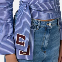 Elisabetta Franchi Shirts And Blouses|Striped poplin shirt with embroidered sash belt Navy/White