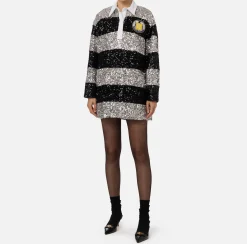 Elisabetta Franchi Mini Dresses|Dresses|Striped sequin mini-dress with shirt collar Silver/Black