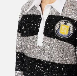 Elisabetta Franchi Mini Dresses|Dresses|Striped sequin mini-dress with shirt collar Silver/Black