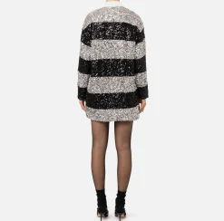 Elisabetta Franchi Mini Dresses|Dresses|Striped sequin mini-dress with shirt collar Silver/Black