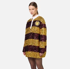 Elisabetta Franchi Mini Dresses|Dresses|Striped sequin mini-dress with shirt collar Mimosa/RougeNoir
