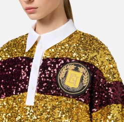 Elisabetta Franchi Mini Dresses|Dresses|Striped sequin mini-dress with shirt collar Mimosa/RougeNoir