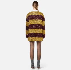 Elisabetta Franchi Mini Dresses|Dresses|Striped sequin mini-dress with shirt collar Mimosa/RougeNoir