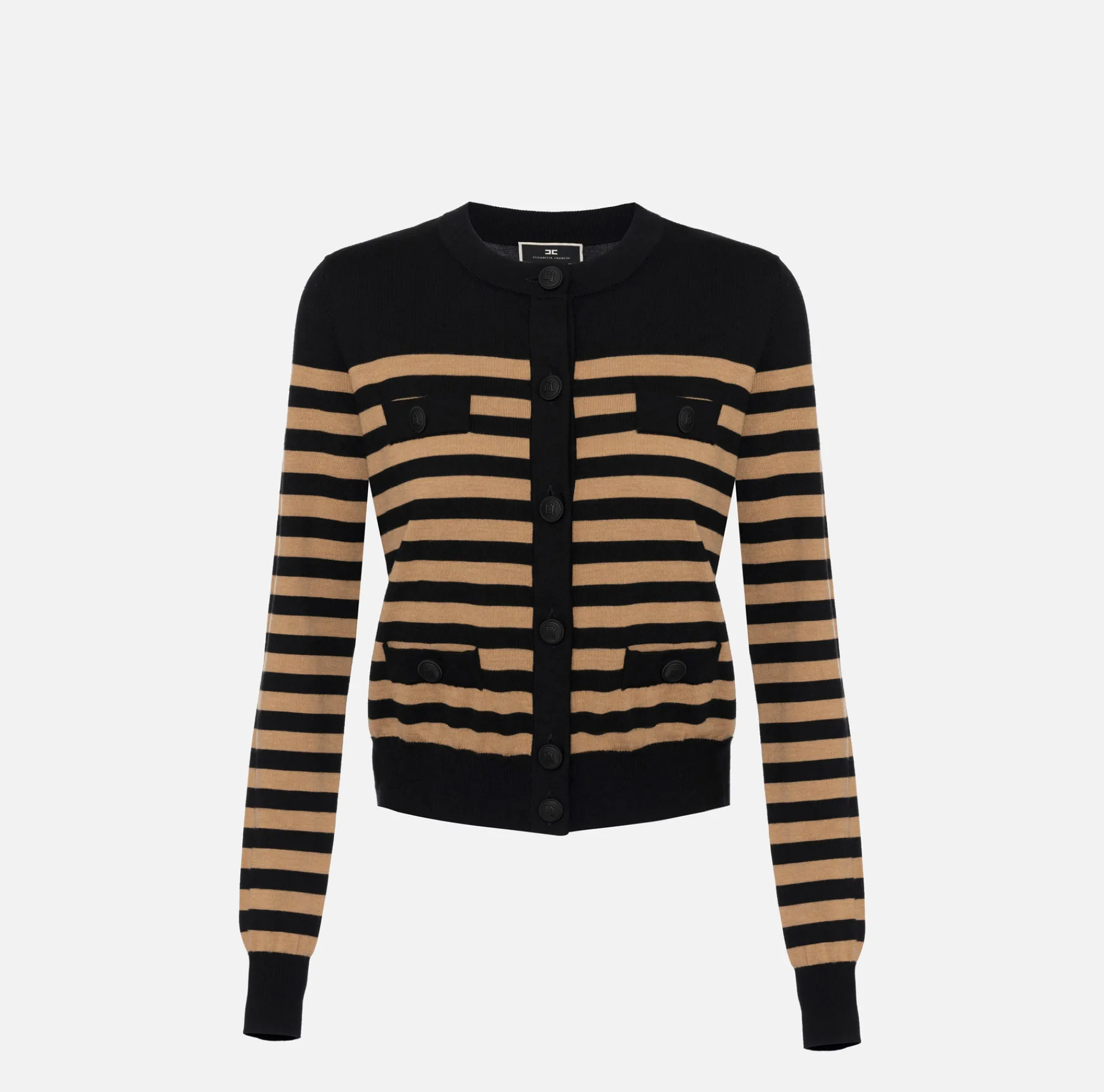 Elisabetta Franchi Knitwear And Sweatshirts|Striped wool cardigan Black/Camel