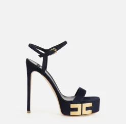 Elisabetta Franchi Sandals|Suede platform sandals with logo Navy