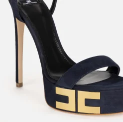 Elisabetta Franchi Sandals|Suede platform sandals with logo Navy