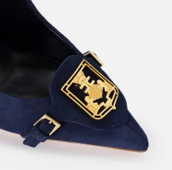 Elisabetta Franchi Pumps|Suede pump with flap and shield Navy