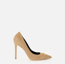 Elisabetta Franchi Pumps|Suede pump with logo plaque Camel