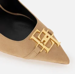 Elisabetta Franchi Pumps|Suede pump with logo plaque Camel