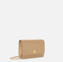 Elisabetta Franchi Strap Bags|Synthetic material shoulder bag with logo plaque Camel