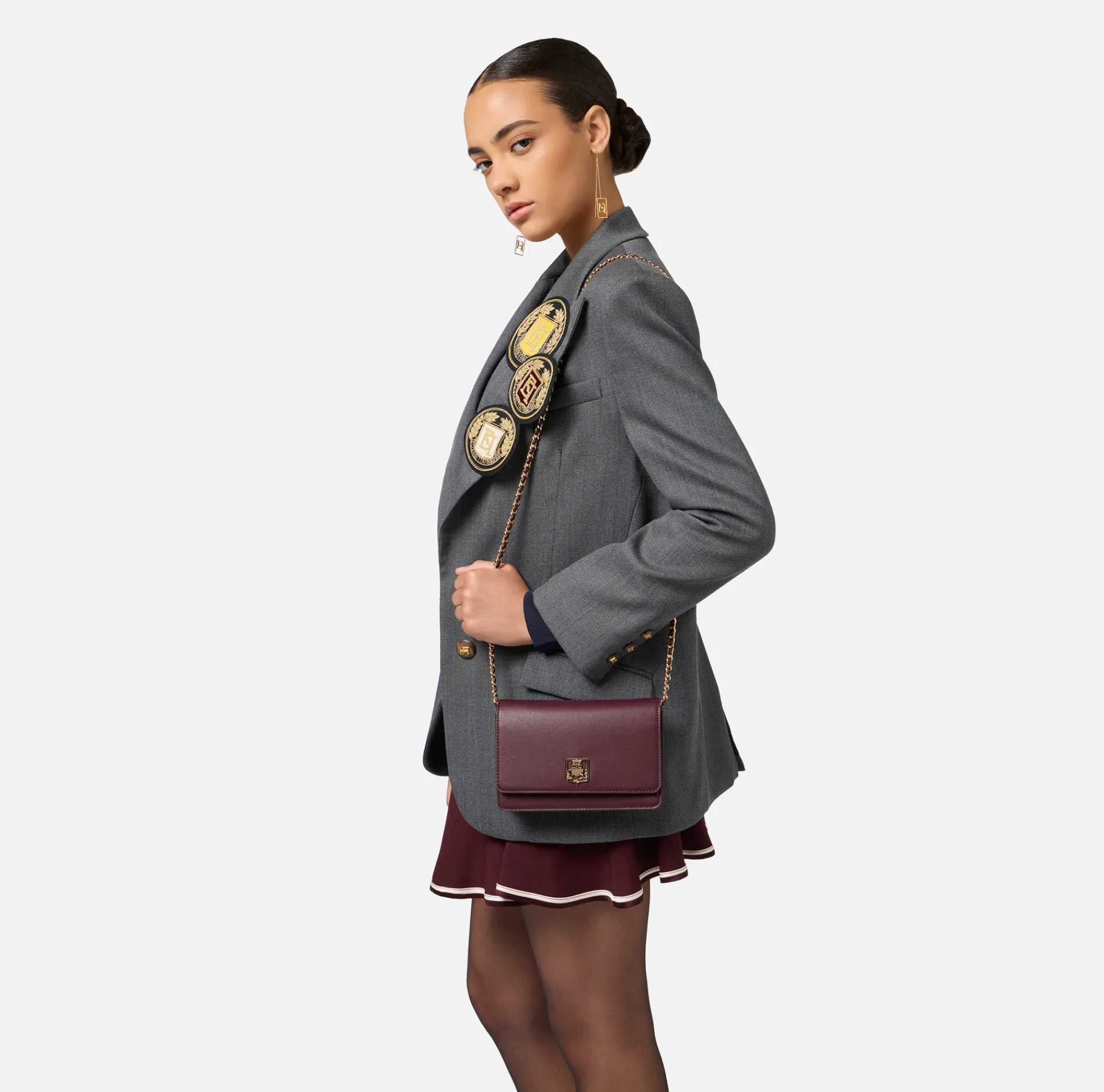 Elisabetta Franchi Strap Bags|Synthetic material shoulder bag with logo plaque RougeNoir