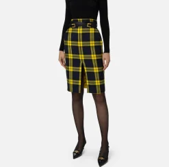 Elisabetta Franchi Skirts|Tartan wool midi skirt with belt Navy/Mimosa