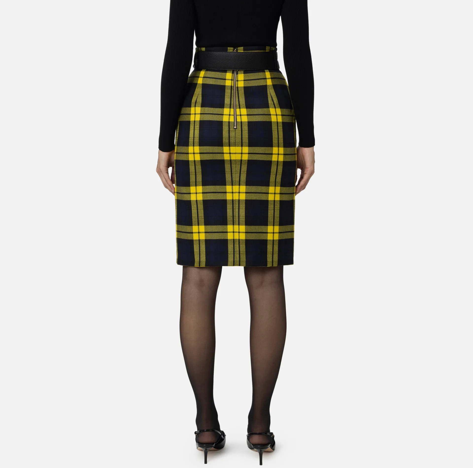 Elisabetta Franchi Skirts|Tartan wool midi skirt with belt Navy/Mimosa