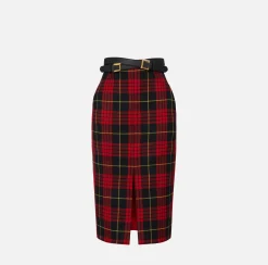 Elisabetta Franchi Skirts|Tartan wool midi skirt with belt Black/RedPassion