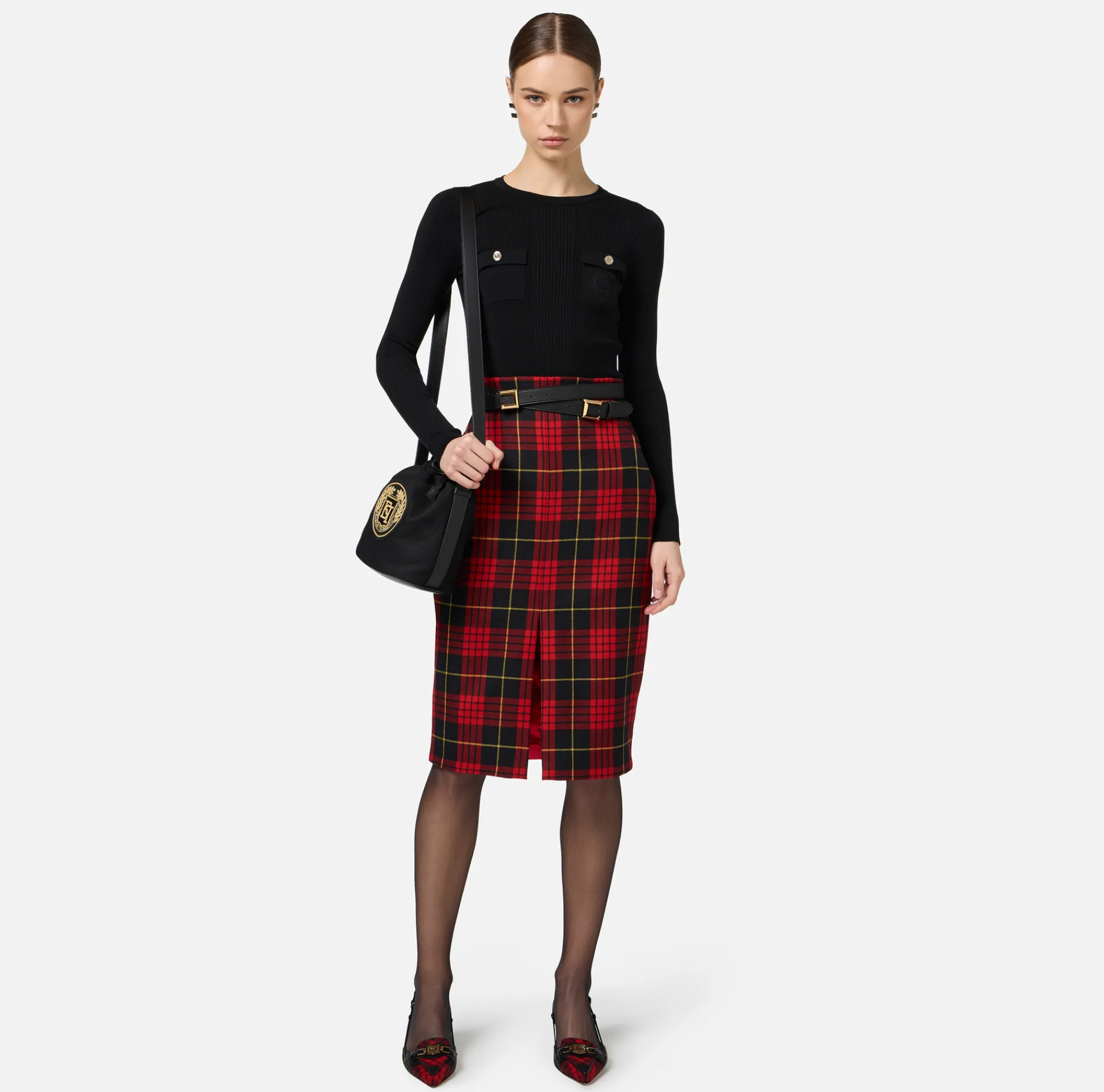 Elisabetta Franchi Skirts|Tartan wool midi skirt with belt Black/RedPassion