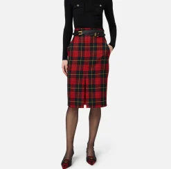 Elisabetta Franchi Skirts|Tartan wool midi skirt with belt Black/RedPassion
