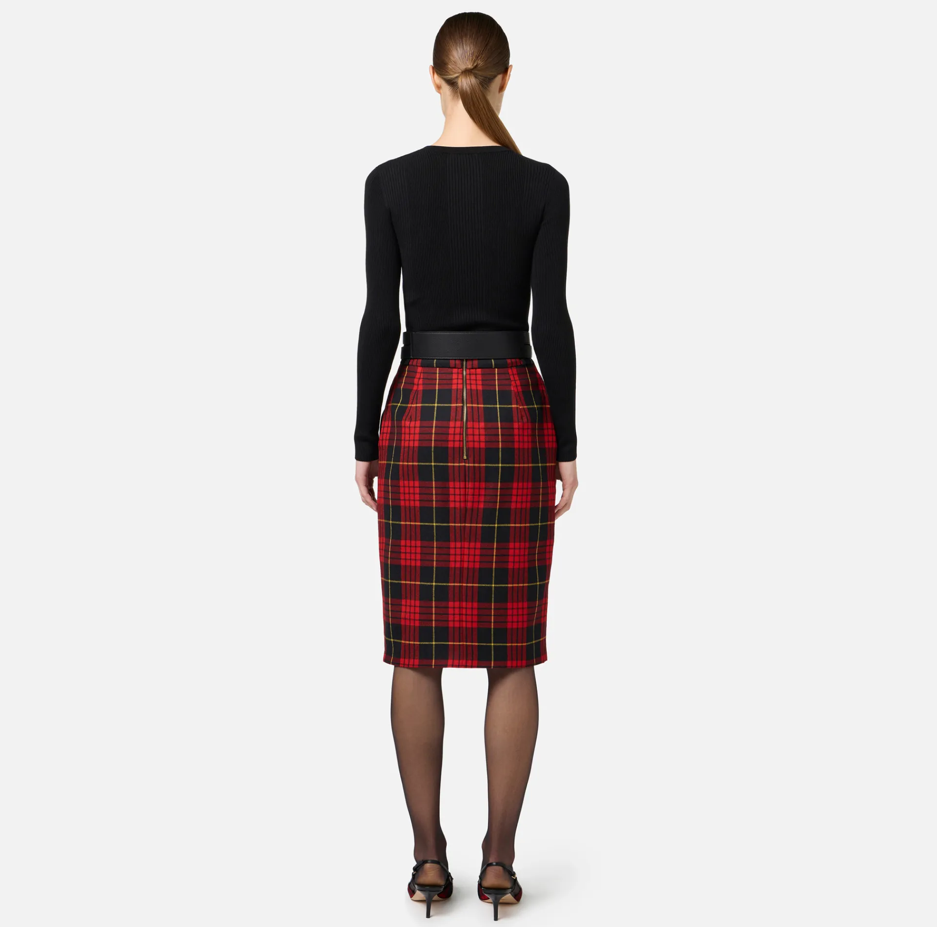 Elisabetta Franchi Skirts|Tartan wool midi skirt with belt Black/RedPassion
