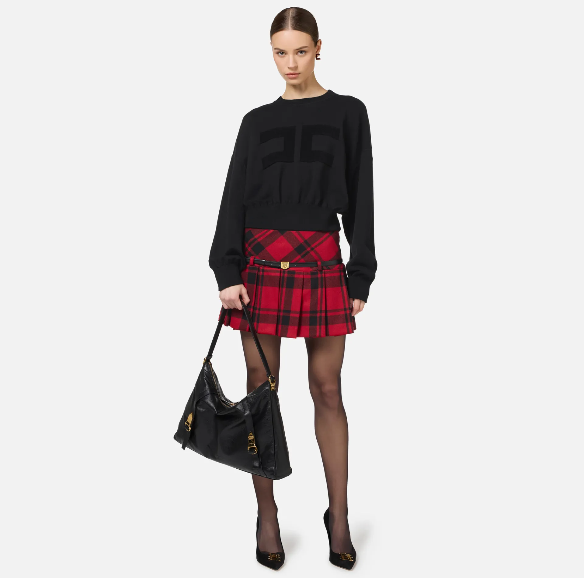 Elisabetta Franchi Skirts|Tartan wool pleated miniskirt RedPassion/Black
