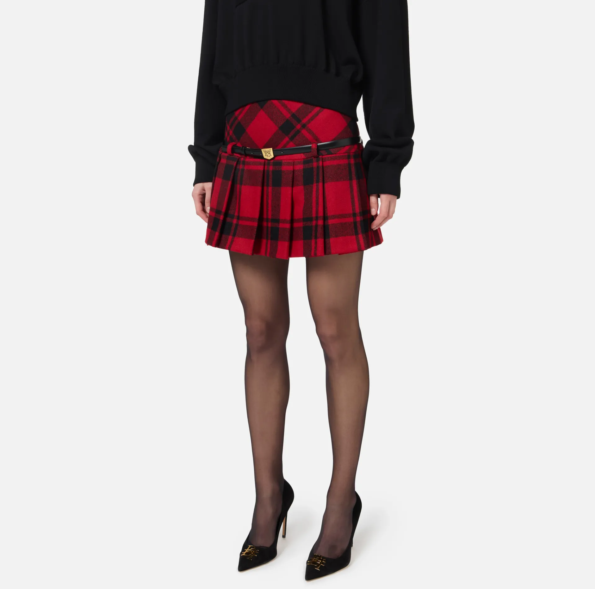 Elisabetta Franchi Skirts|Tartan wool pleated miniskirt RedPassion/Black