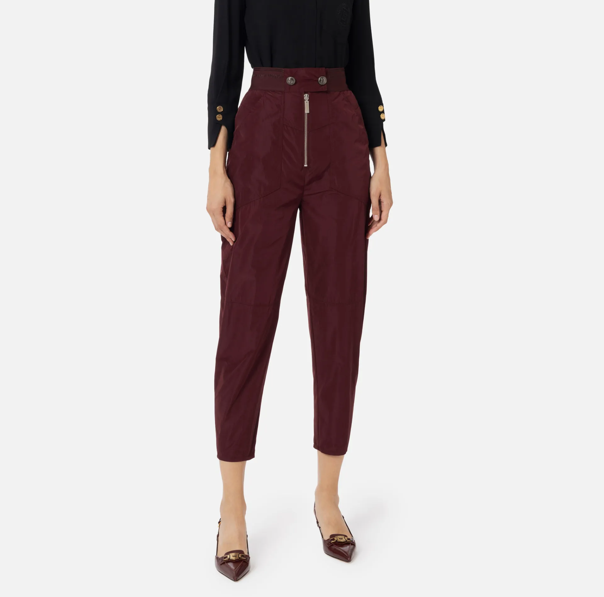 Elisabetta Franchi Trousers And Shorts|Technical nylon boyfriend trousers with logoed elastic RougeNoir