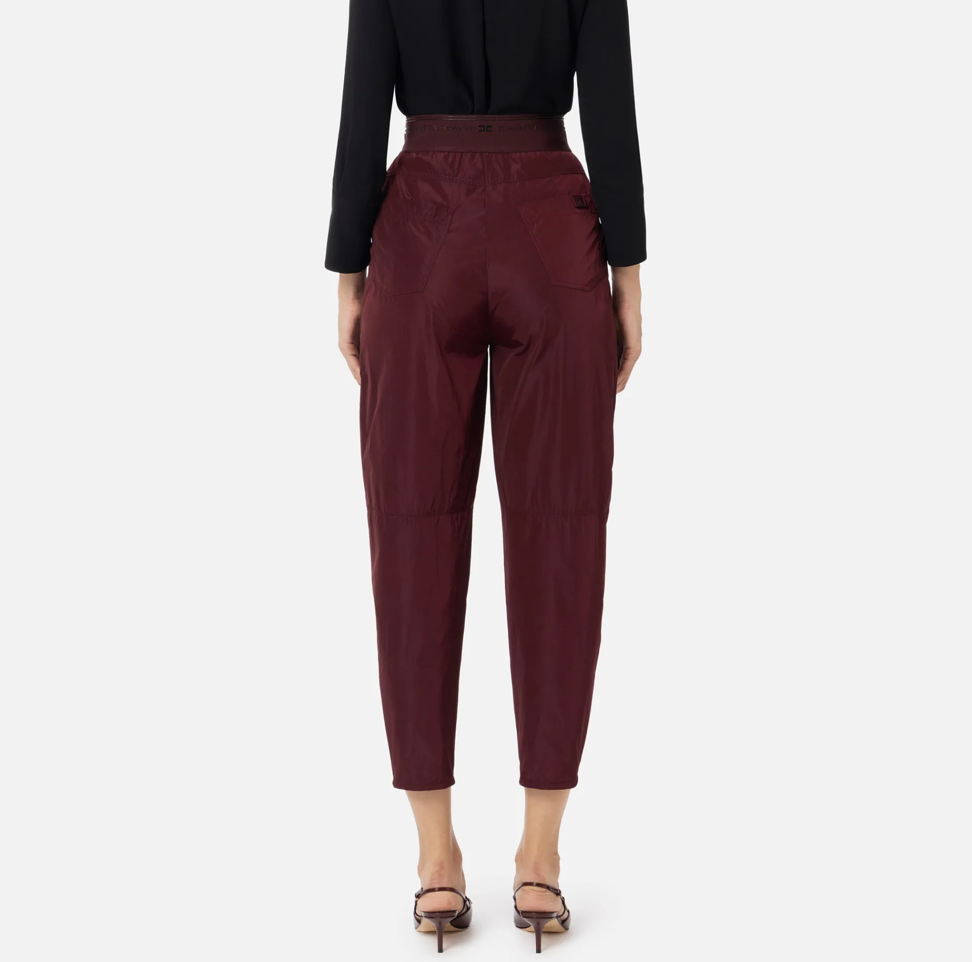 Elisabetta Franchi Trousers And Shorts|Technical nylon boyfriend trousers with logoed elastic RougeNoir