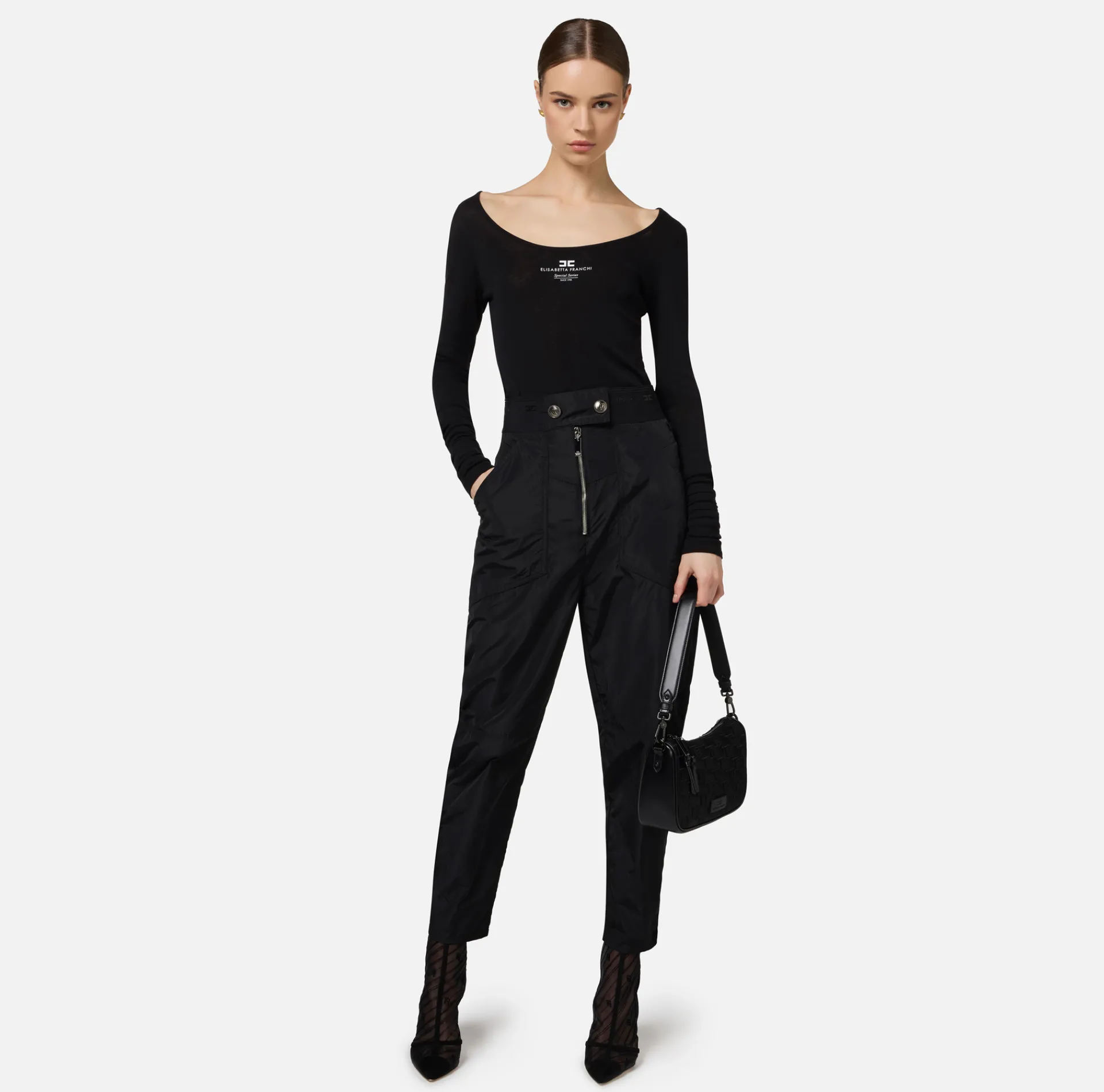 Elisabetta Franchi Trousers And Shorts|Technical nylon boyfriend trousers with logoed elastic Black