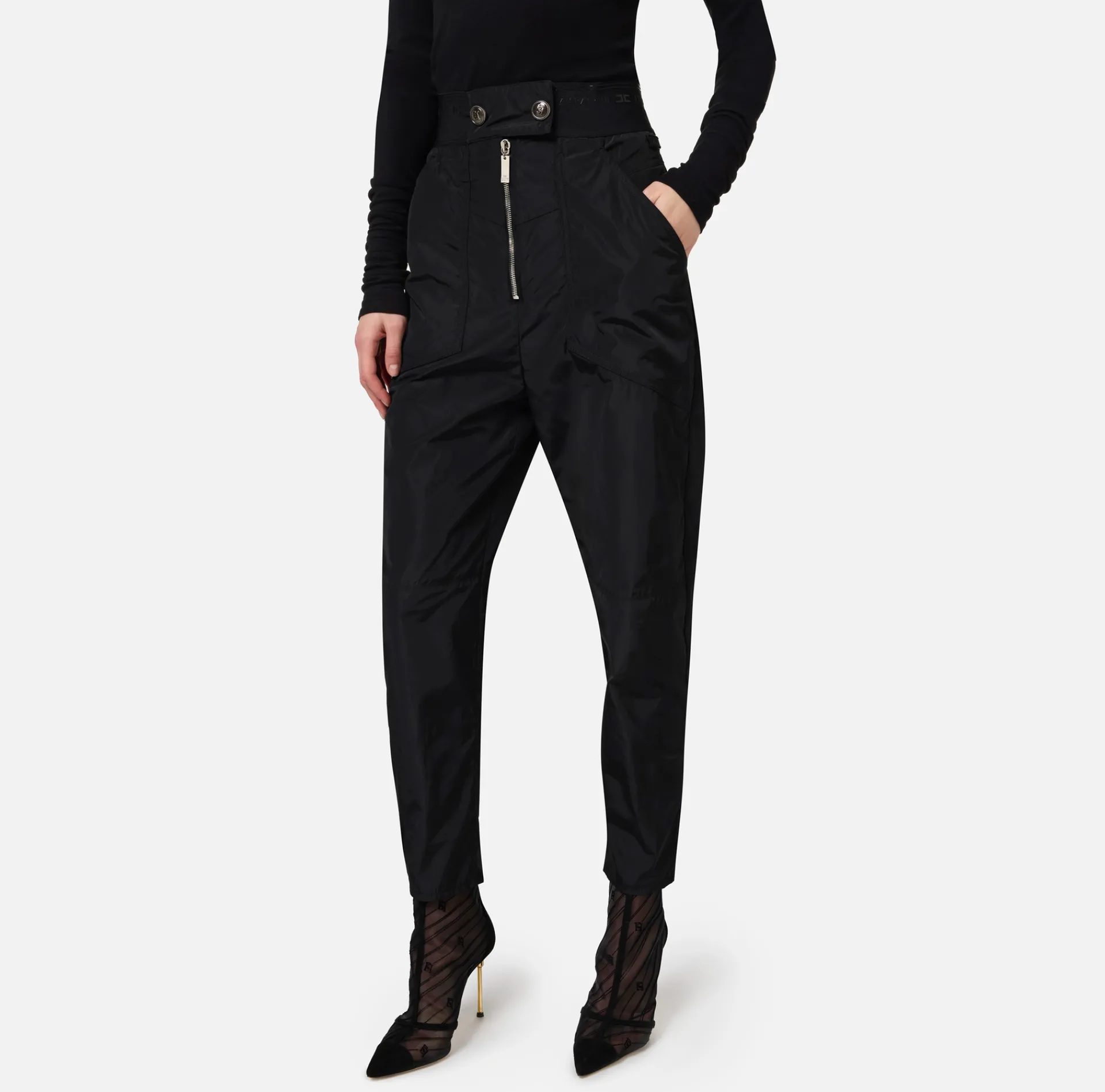Elisabetta Franchi Trousers And Shorts|Technical nylon boyfriend trousers with logoed elastic Black