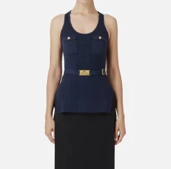 Elisabetta Franchi Top And T-Shirts|Top in narrow-ribbed viscose and silk fabric with logo embroidery Navy
