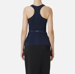 Elisabetta Franchi Top And T-Shirts|Top in narrow-ribbed viscose and silk fabric with logo embroidery Navy