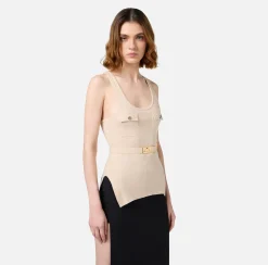 Elisabetta Franchi Top And T-Shirts|Top in narrow-ribbed viscose and silk fabric with logo embroidery Latex