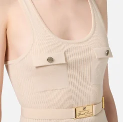 Elisabetta Franchi Top And T-Shirts|Top in narrow-ribbed viscose and silk fabric with logo embroidery Latex