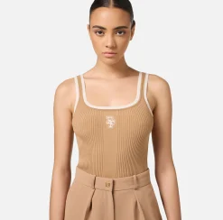 Elisabetta Franchi Top And T-Shirts|Top in viscose fabric with college-style logo Camel/Butter