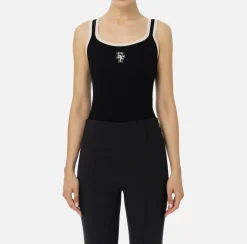 Elisabetta Franchi Top And T-Shirts|Top in viscose fabric with college-style logo Black/Butter