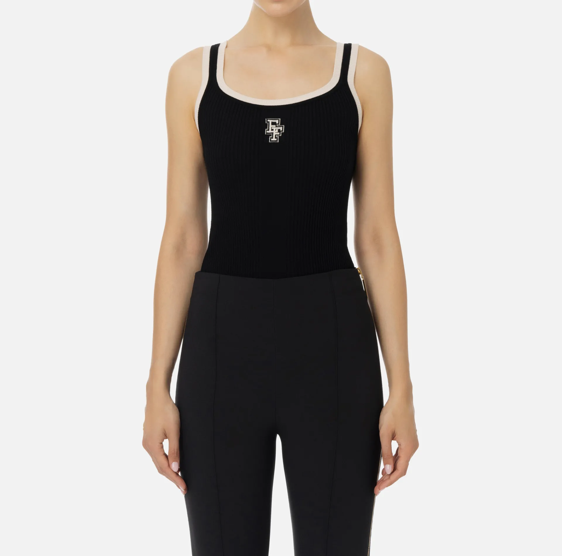 Elisabetta Franchi Top And T-Shirts|Top in viscose fabric with college-style logo Black/Butter