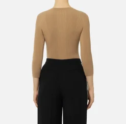 Elisabetta Franchi Knitwear And Sweatshirts|Top with V-neck in narrow-ribbed lyocell and silk fabric with logo embroidery Camel